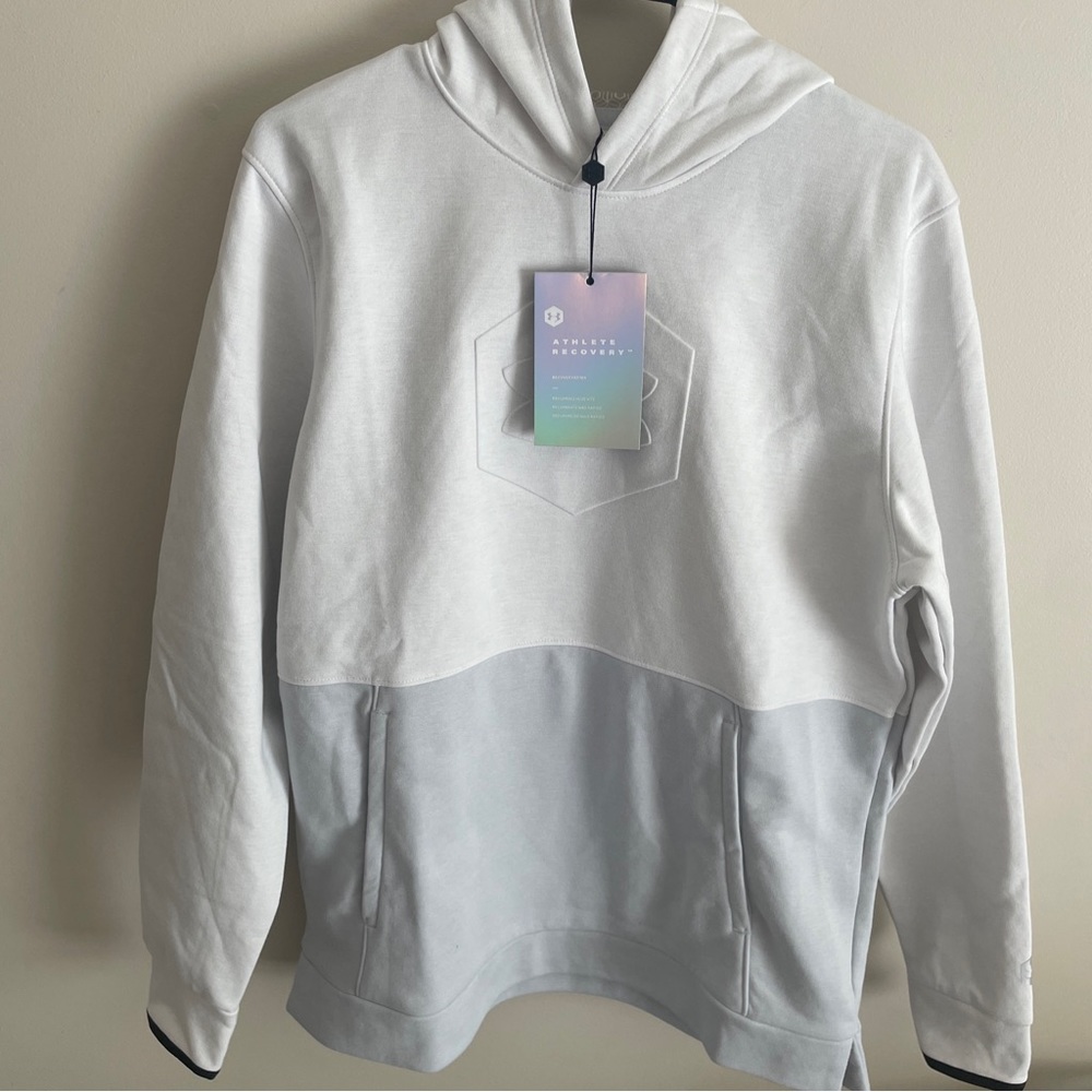 UNDER ARMOUR Mens Athlete Recovery Fleece Graphic Hoodie 1344145 White NWT L $90